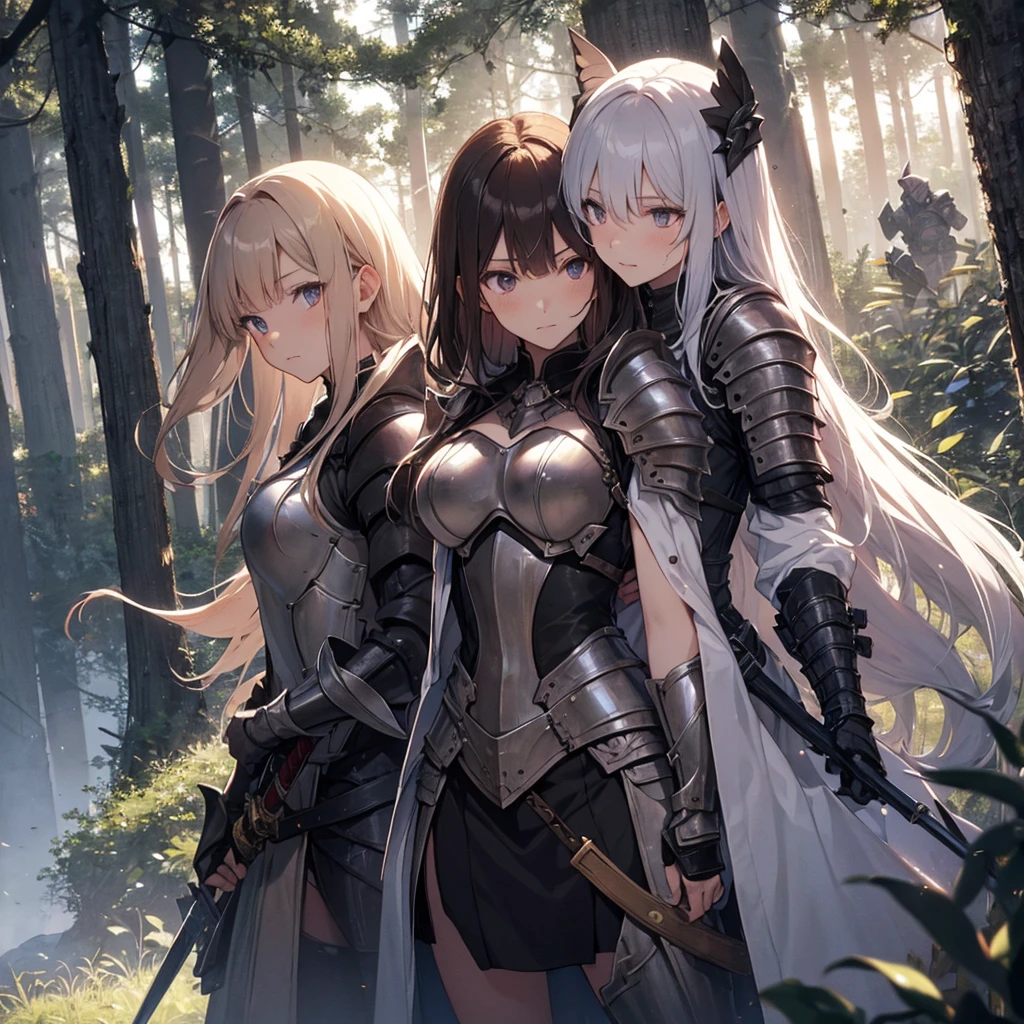 A group of female knight, (in forest), various hair styles, harem, wearing armored clothes, metal armor, night, details face, , short skirt, seducing, sword
