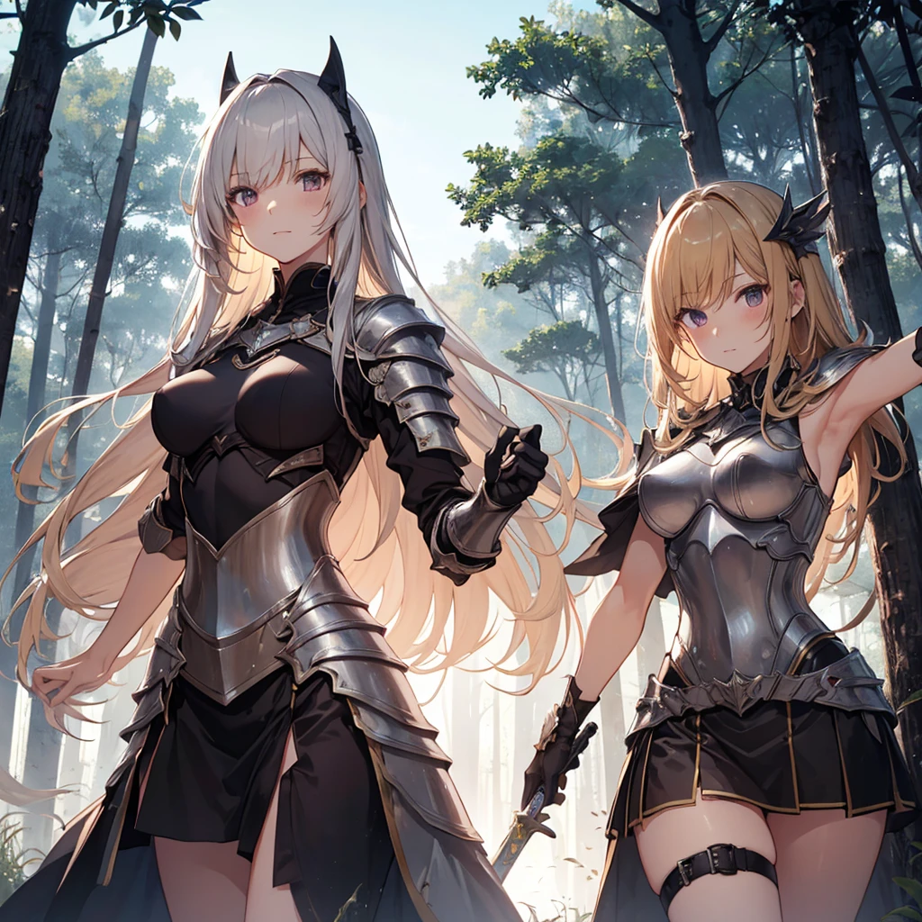A group of female knight, (in forest), various hair styles, harem, wearing armored clothes, metal armor, night, details face, , short skirt, seducing, sword, armpits