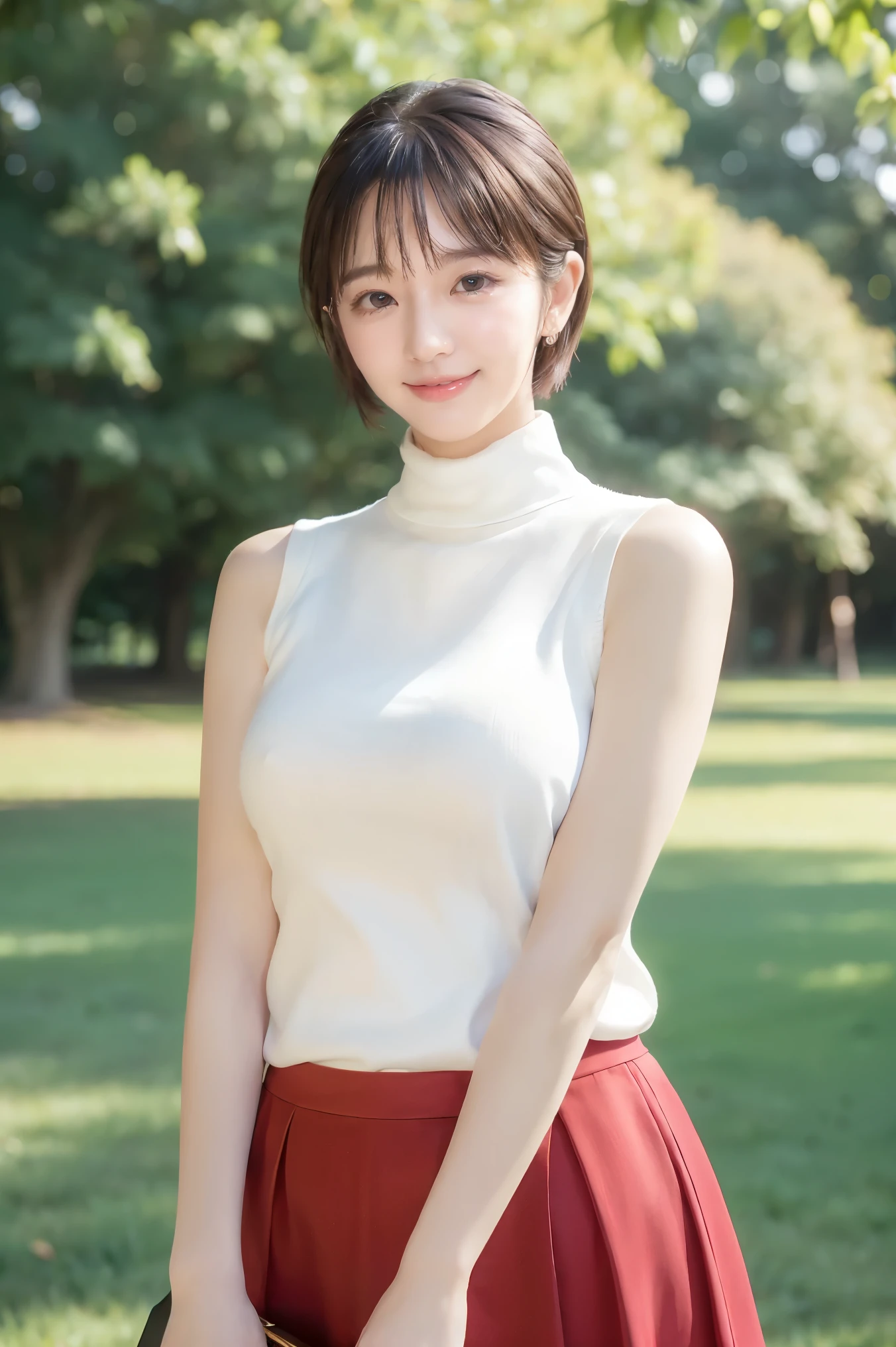 (highest quality、Tabletop、8k、Best image quality、Award-winning works)、One beautiful woman、Age 25、(alone:1.1)、Perfect beautiful composition、(Big and ample breasts:1.1)、(Accentuate your body lines:1.1)、( Berry short cut hair:1.1)、(Perfect white turtleneck sleeveless knit sweater:1.2)、(Bare arms:1.1)、(Classy and perfect round glasses:1.2)、(Elegant red melton skirt:1.2)、Look at me and smile、(Accurate city park background with strong blur:1.1)、Standing Elegantly、Droopy eyes、Natural Makeup、Ultra-high definition beauty face、Ultra HD Hair、Ultra high resolution glowing eyes、Super high quality glossy lip、Accurate anatomy、(very bright and vivid:1.1)
