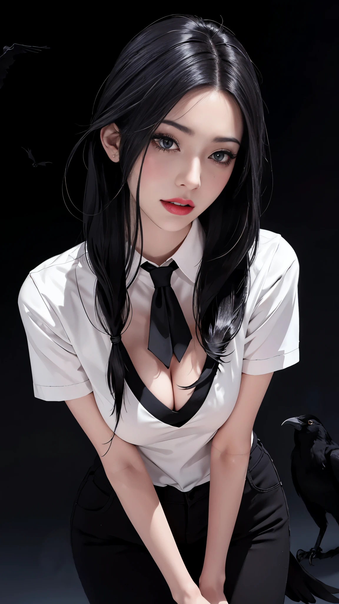 Generate an artwork of the highest quality (1.2) that shows a close-up of the eyes with an emphasis on dark horror movie elements. The image should feature a single female character, standing alone, with **shiny black hair** and **deep, pitch-black eyes**, a fringe and medium-sized breasts. She should be dressed in a white shirt and tie, wearing a characteristic anime style. The character should have an intense gaze and a slightly mischievous smile (male: 1.2), and should be looking directly at the viewer as if in an interview (interview: 1.3). The background should be dark with the presence of crows (crows: 1.3) and should be blurred to give a realistic effect (dark background, blurred background).