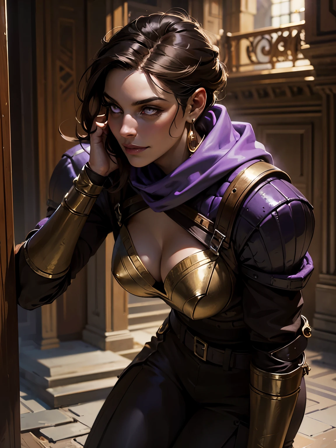 A female ranger wearing brown leathers with a purple hood, detailed gold eyes, ((gold eyes)), short  black hair swept back, hair tied back, fantasy ranger, purple hood, intense dangerous expression and smile. Detailed hands. ((Detailed eyes. Detailed face)). vibrant colors., high quality, high resolution, masterpiece, (High resolution), (high quality), (sharp focus), (best quality), cleavage. Show her facing the side  inspecting a closed door, castle ruins background, full body shot, profile view. pov from the side.