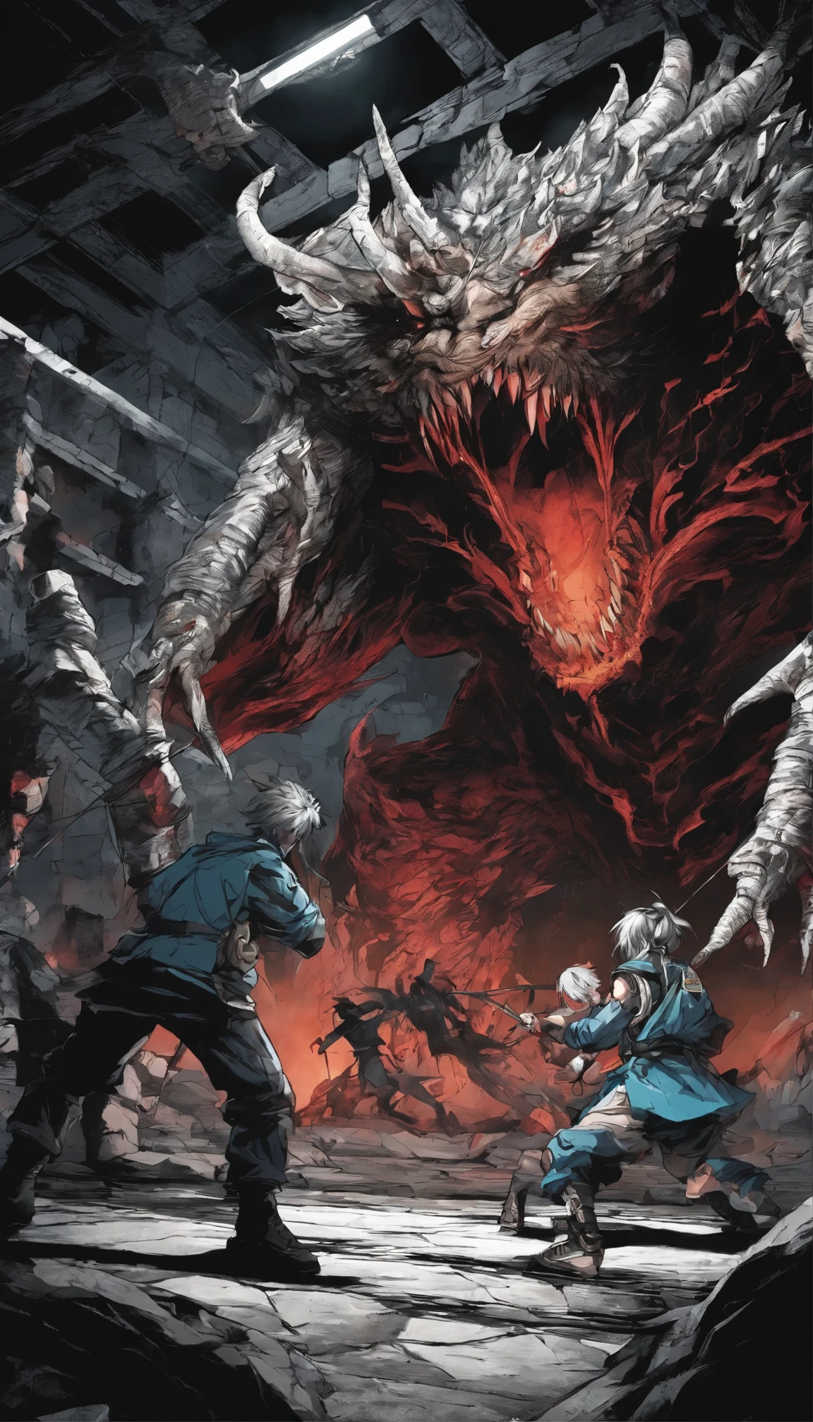 Adventurers facing off against a terrifying monster in the dungeon, showcasing the intense and dangerous atmosphere with dramatic lighting and action poses