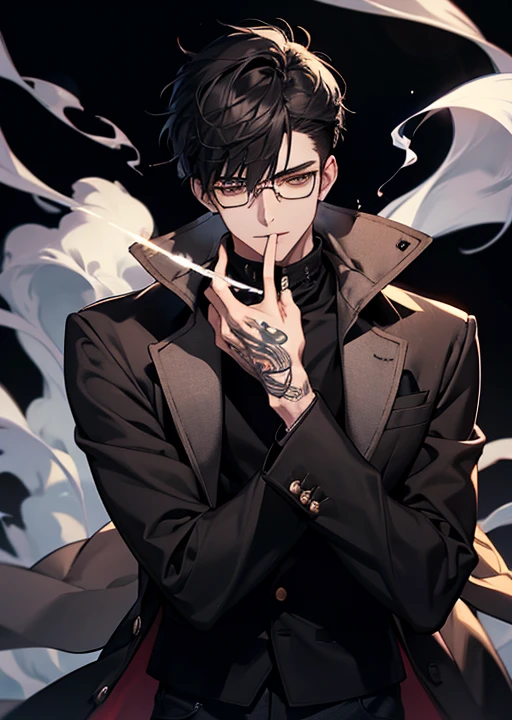 1 boy 21 years old, aura, black_background, Brown_eyes, blurred, cigarette, black hair, wicked, coat, Black, Blazing, high_Collar, holding, holding_a cigarette, long_hand, looking VVtop_V_viewer, male_Focus, It features a simple_background, One, Upper body_Body, white_, sports, V glasses, V cheronm, V black jeans, finger detail, A lot of smoke, tattoos all over the body, All V black,