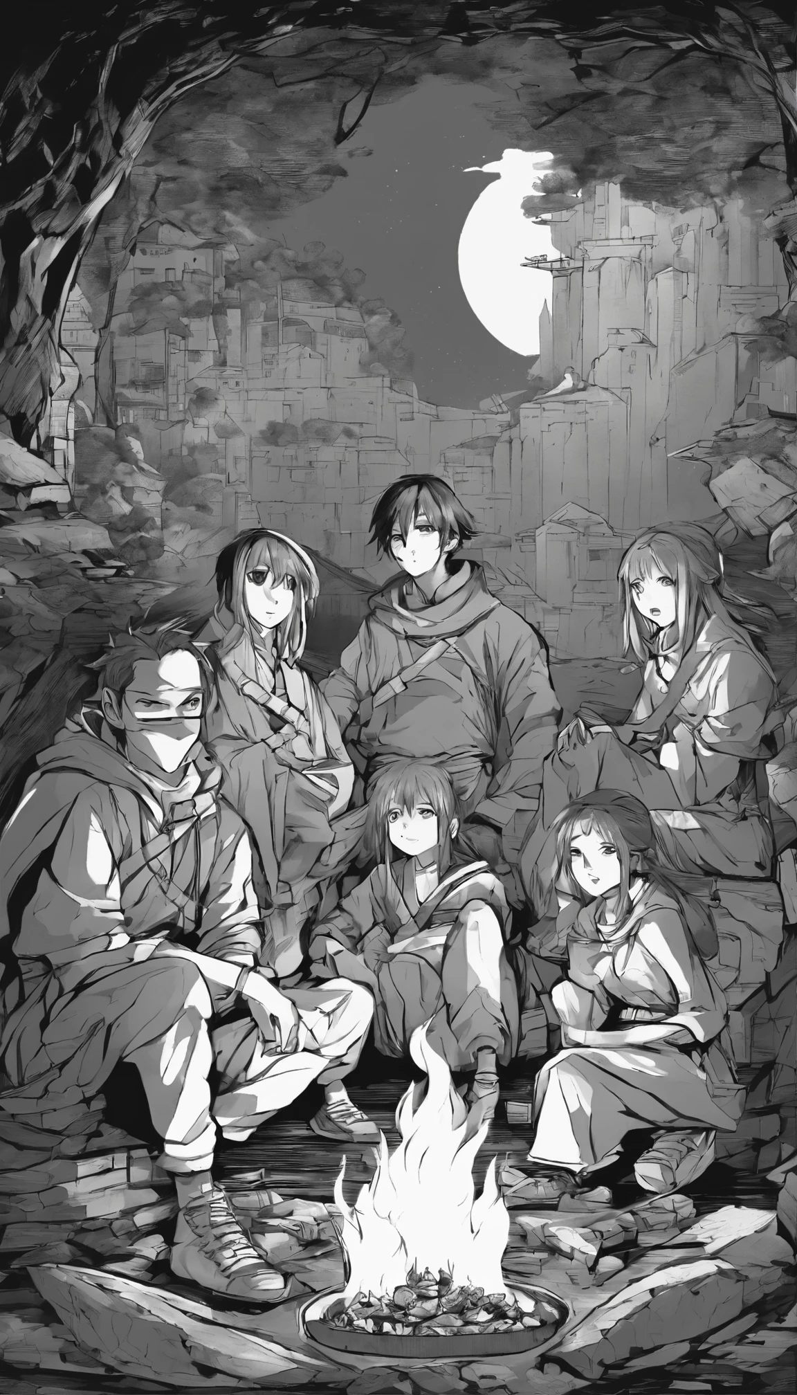 The adventurers looking worried and hungry, sitting around a small, almost empty campfire in the dark dungeon, with empty food packs and grim expressions