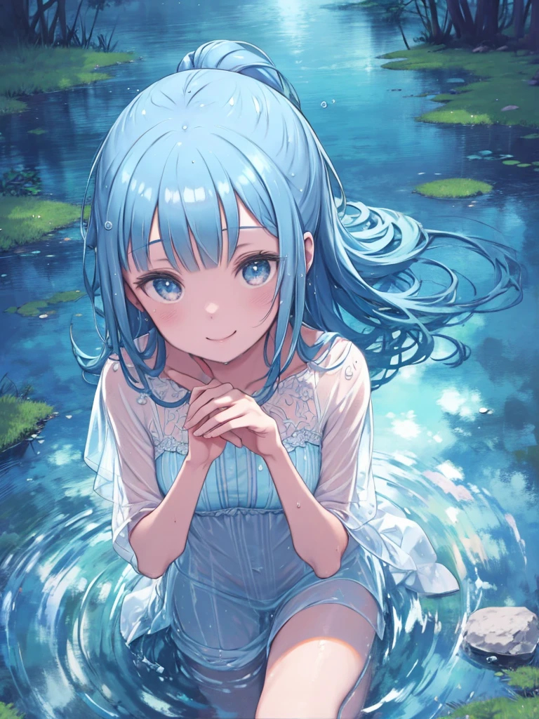 1 girl, Blue Hair、Transparent clothing、Angle from above、Scoop water with both hands、Water on the palm of your hand、Glittering backgrounds、Lake in the forest、Smiling、Wet Hair、Drops of water dripping from hair、Wet clothes、See-through clothing、