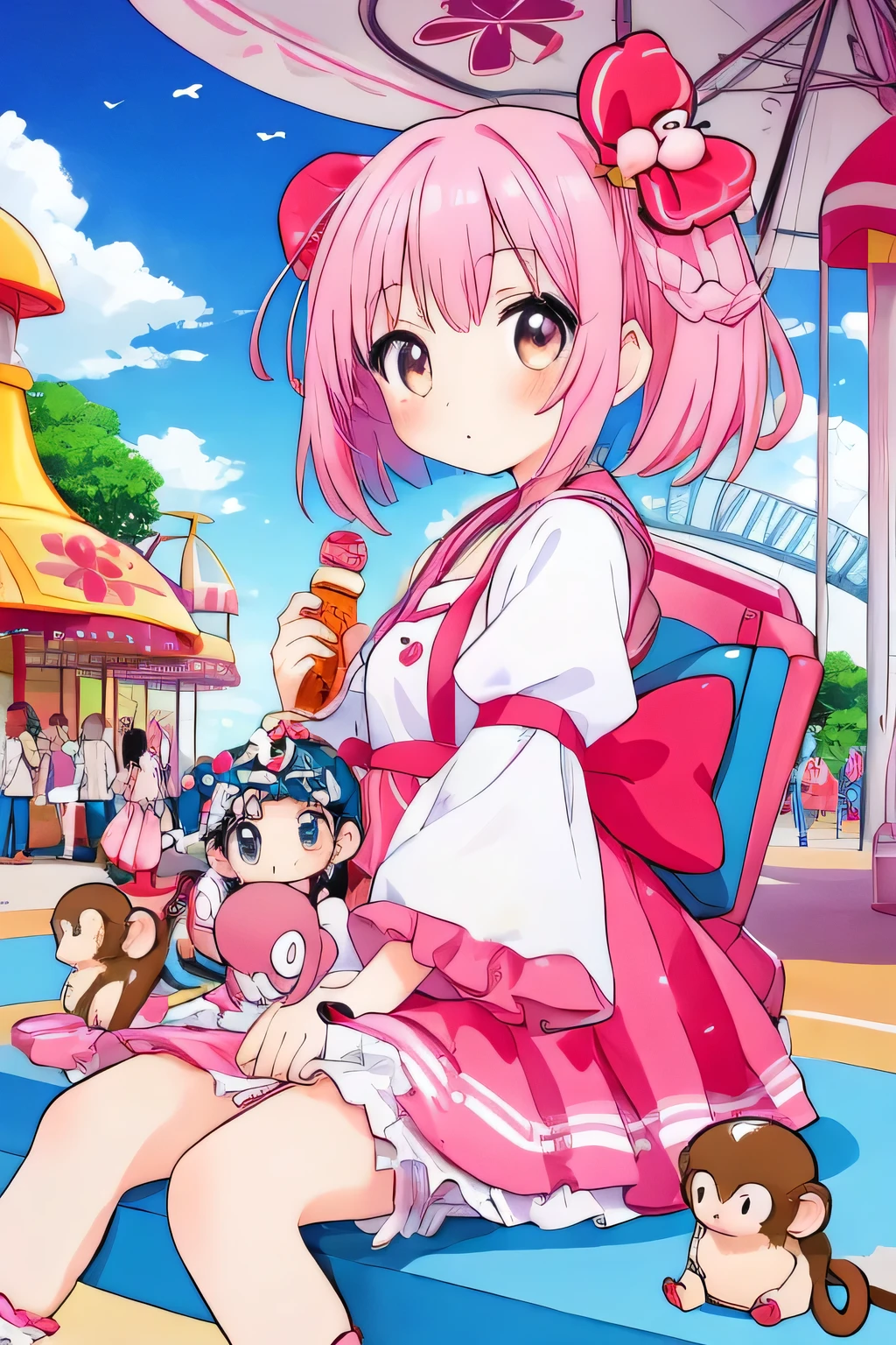 Momoko Sakura Style, Kawaii Design, most beautiful girl ever、Chibi, Colorful bob hair、((Lots of monkeys))、amusement park