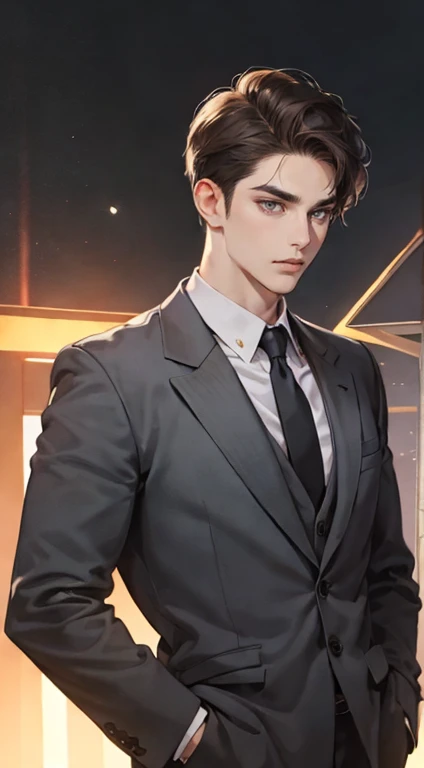 masutepiece, Best Quality, Realistic, 1man, matured male, Quiet and charming young man, 25 years old, closing eye, Serious look, extra detailed face, ((dark grey eyes)), ((Short right sweep dark brown hair)), [Thick eyebrows], detective, Plain background, ((Suit)), Cinematic lighting, gaze at the audience, Postural dynamics