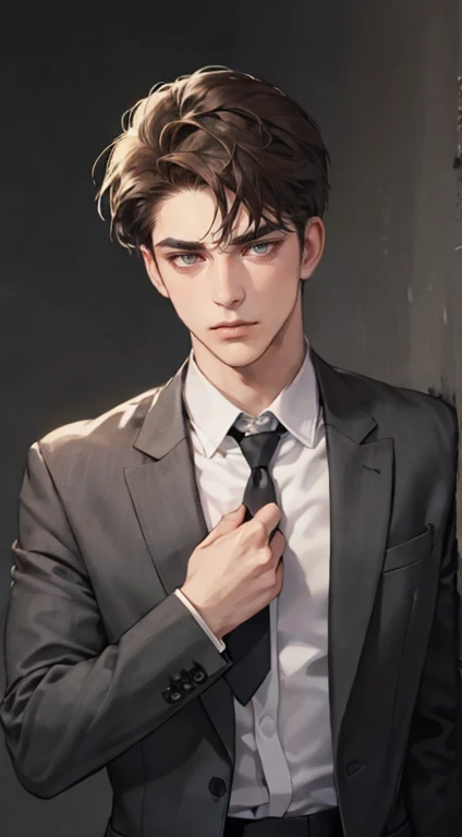 masutepiece, Best Quality, Realistic, 1man, matured male, Quiet and charming young man, 25 years old, closing eye, Serious look, extra detailed face, ((dark grey eyes)), ((Short right sweep dark brown hair)), [Thick eyebrows], detective, Plain background, ((Suit)), Cinematic lighting, gaze at the audience, Postural dynamics