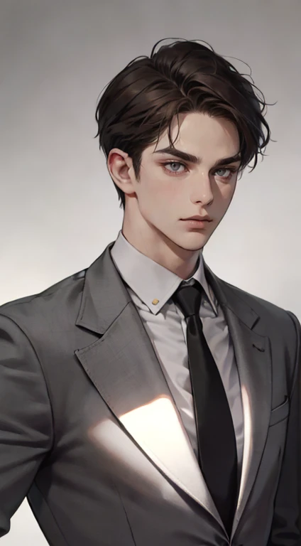 masutepiece, Best Quality, Realistic, 1man, matured male, Quiet and charming young man, 25 years old, closing eye, Serious look, extra detailed face, ((dark grey eyes)), ((Short right sweep dark brown hair)), [Thick eyebrows], detective, Plain background, ((Suit)), Cinematic lighting, gaze at the audience, Postural dynamics