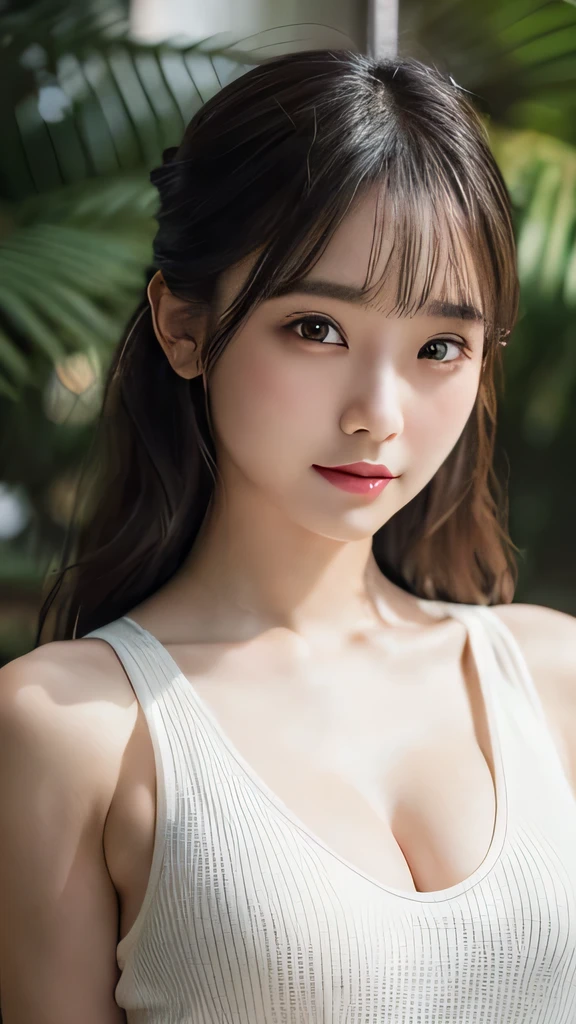 An innocent 20-year-old girl、((White tank top, Dramatic Pose)),smile,shortcut,natural Park、RAW Photos, (8k、highest quality、masterpiece:1.2)、(Intricate details:1.4)、(Photorealistic:1.4)、Octane Rendering、Complex 3D rendering with ultra-detail, Studio Soft Light, Rim Light, Vivid details, Super Detail, Realistic skin texture, Detailed aspect, Beautiful details in the eyes, Highly detailed CG Unity 16k wallpaper, compensate, (Detailed Background:1.2), Glowing Skin, whole body、Cleavage,((Standing with hands behind back、Leaning forward、Top view))