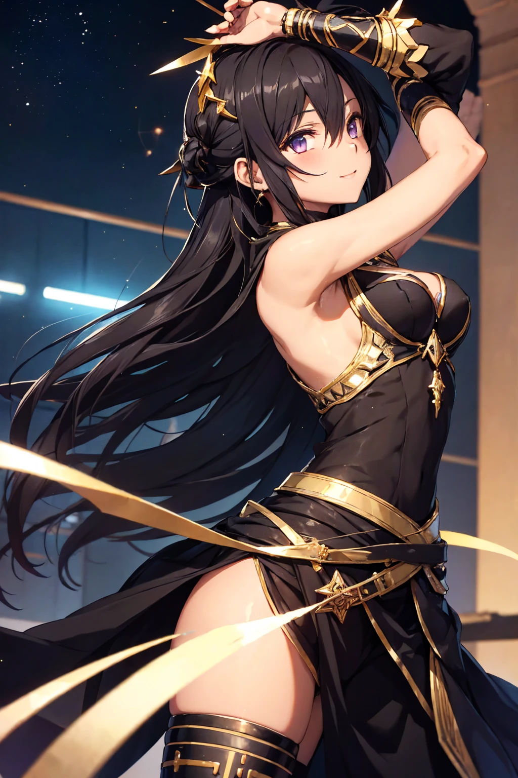 Kirito black egyptian dancer&#39;s clothing black skin, purple eyes, blushing smile, standing alone on the stage, Super huge breasts Breast expansion full-body shot looking at the camera