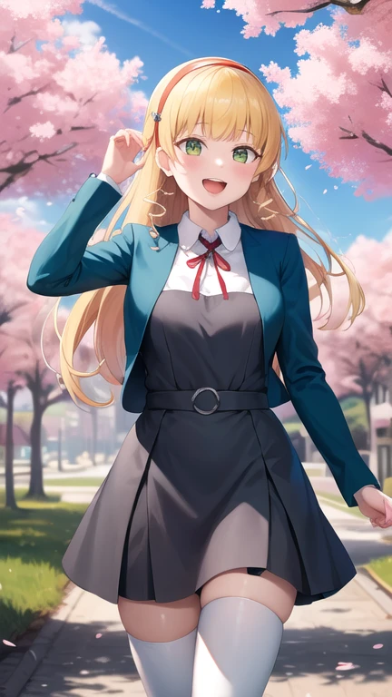 masterpiece, best quality, highres, Heanna Sumire, 1girl, hairband, long hair, 1girl, solo, white thighhighs, , red ribbon, neck ribbon, grey dress, blue jacket, open jacket, blunt bangs, pinafore dress, white shirt, long sleeves, collared shirt, medium breasts, standing, cowboy shot, smile, open mouth, leaning forward, outdoors, cherry blossoms,