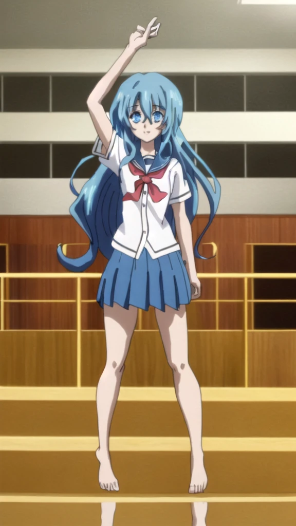 Shiitono,high resolution,high quality,High resolution,(Anime Style),Beautiful images,Clear images,(Cute Girls),(1 girl),(Petite figure,low length,Lori),whole body(from head to toe), Blue Hair, blue eyes, Long Hair, Hair between the eyes, bangs,( school uniform),indoor