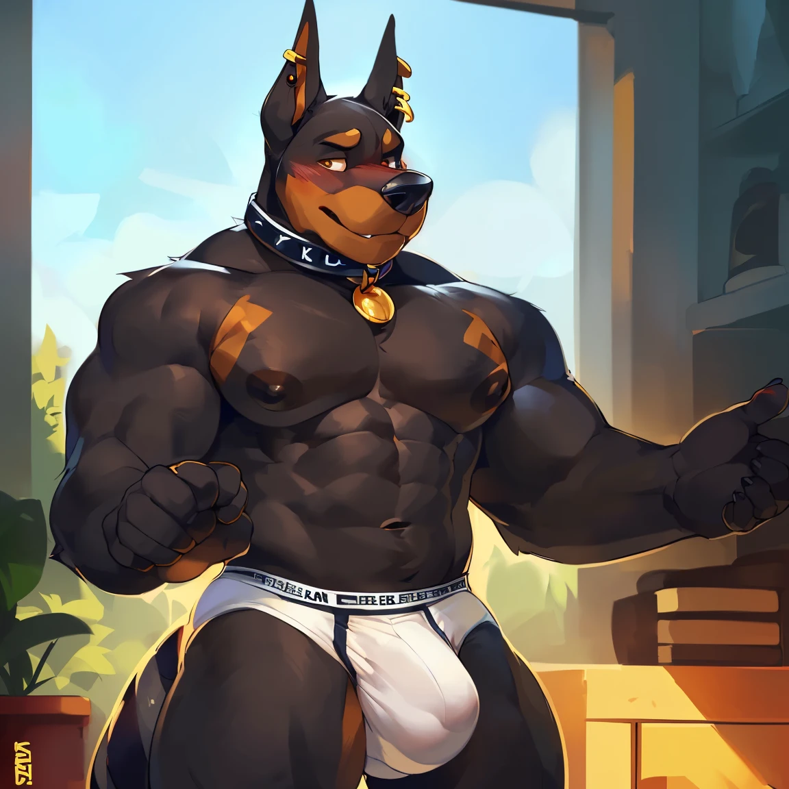 Solo, male (((dobermann, muscular, black fur, black body, black fur, black nose, brown eyes, nipples, big chest, abdomen, abs, six pack, standing, flustered expression, blush, ear piercing, ear ring, collar, underwear, white underwear, bulge))) standing, 5 fingers ((focus eyes, focus pupils, focus body, focus black fur, focus 5 fingers, focus collar, focus abdomen, focus underwear)) adult character, by darkgem, by mystikfox61, by glitter trap boy
