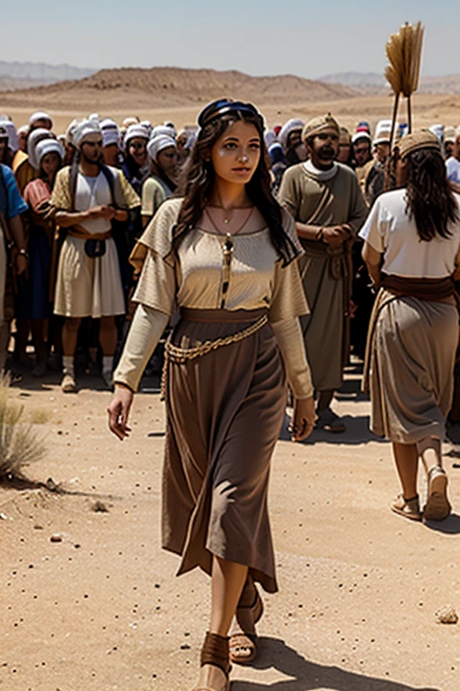 A Hebrew woman walking in the desert in biblical period clothing amidst a crowd of Hebrews all dressed in biblical period clothing