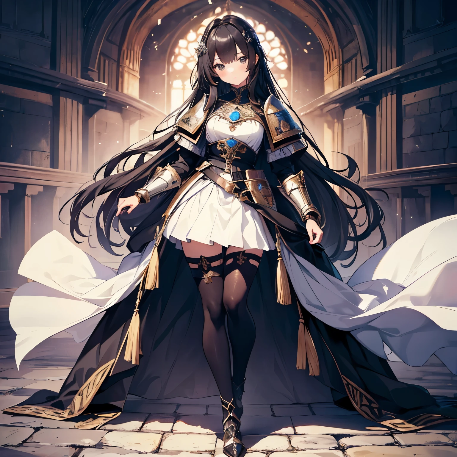 Solo,Absurd resolution、hight resolution、(masterpiece:1.4)、ultra-detailliert、(Detailed finger),(One girl)、Beautiful detailed girl、A detailed face、clear and beautiful, Character as the main point of view, Radiant skin, Girls, femele, young, (Dark hair),(length hair),(Black and beautiful hair),(Black eyes)kawaii、Beautiful face、beautidful eyes,((Knights))、Fantasy costume,Original Character,((Wearing armor)),((Costumes of medieval Europe)), (thighs thighs thighs thighs:0.1),(Facing:1.2),(Full body portrait),(Standing:1.3),(shoes on),Simple background、((white backgrounid)), Female Warrior