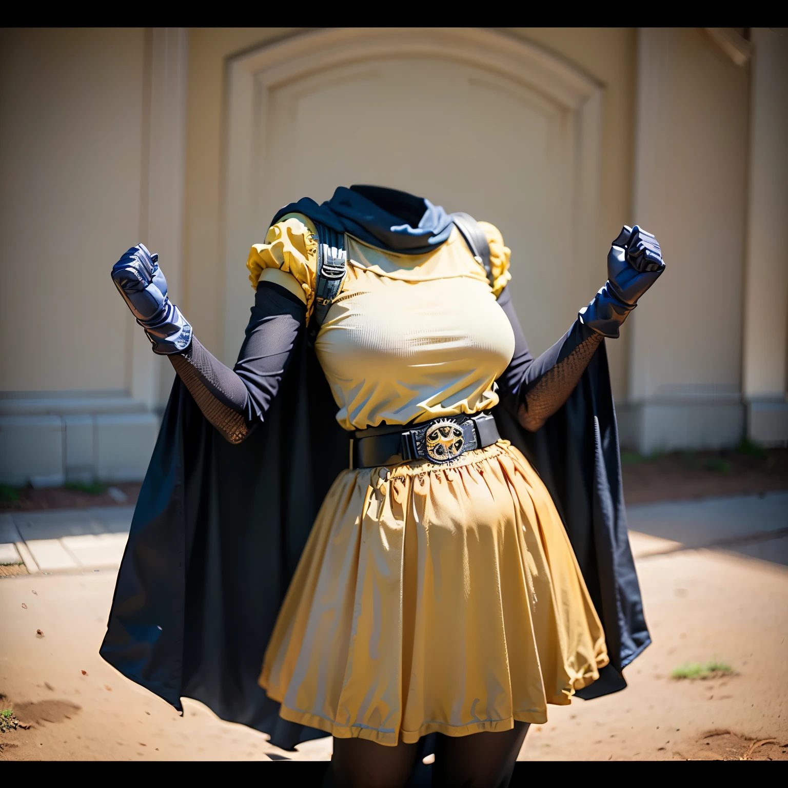 grass field, Alena, cape, yellow dress, short sleeves, belt, gloves, skirt, black pantyhose, fat, cute big breasts, (invisible, no human, headless, handless:1.5), (8k, RAW photo, best quality, masterpiece:1.2), (realistic, photo-realistic:1.37), photon mapping, radiosity, ((Hasselblad photography)), physically-based rendering