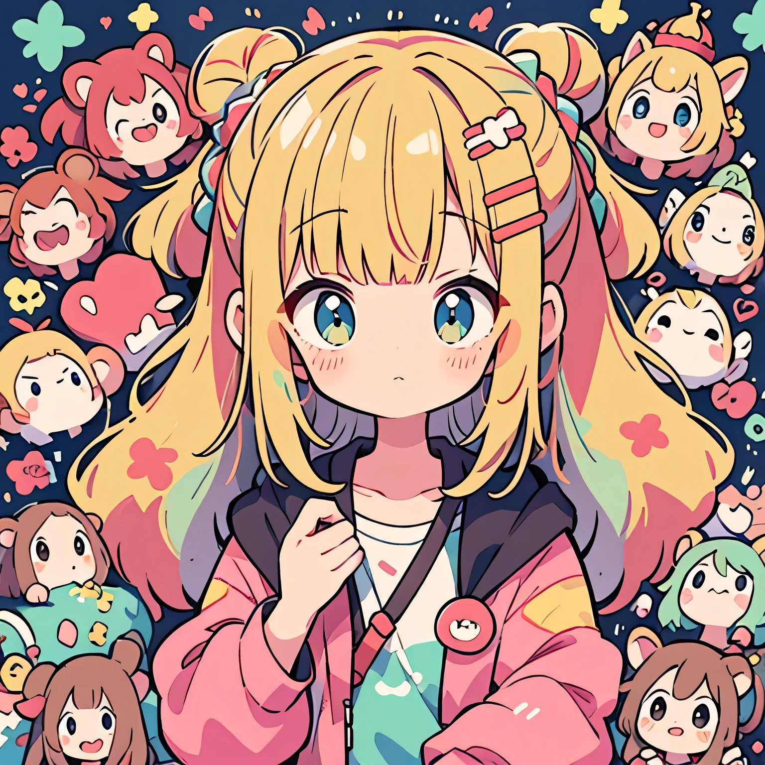 Momoko Sakura Style, Kawaii Design, most beautiful girl ever、Chibi, Colorful bob hair、((Lots of monkeys))、amusement park