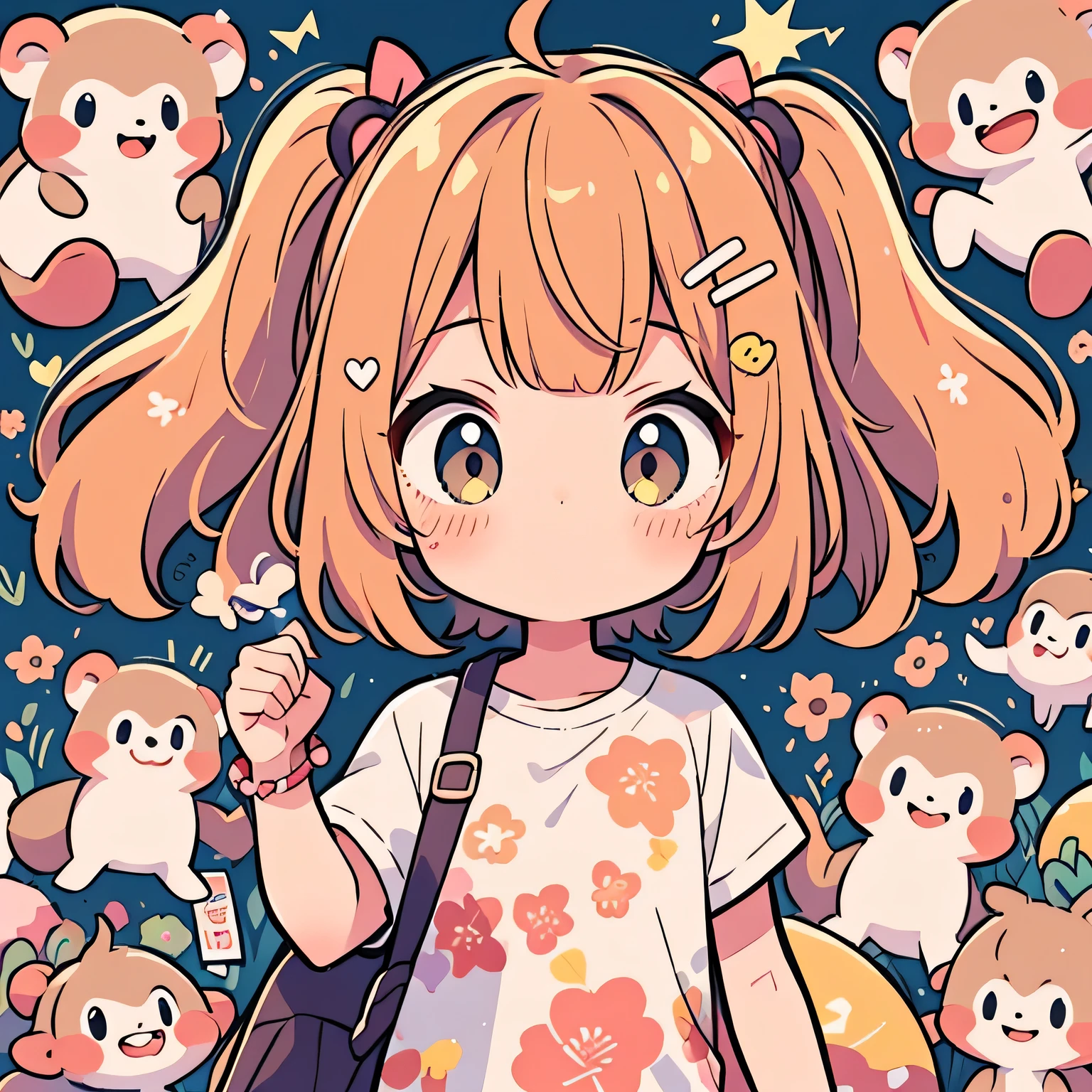Momoko Sakura Style, Kawaii Design, most beautiful girl ever、Chibi, Colorful bob hair、((Lots of monkeys))、amusement park