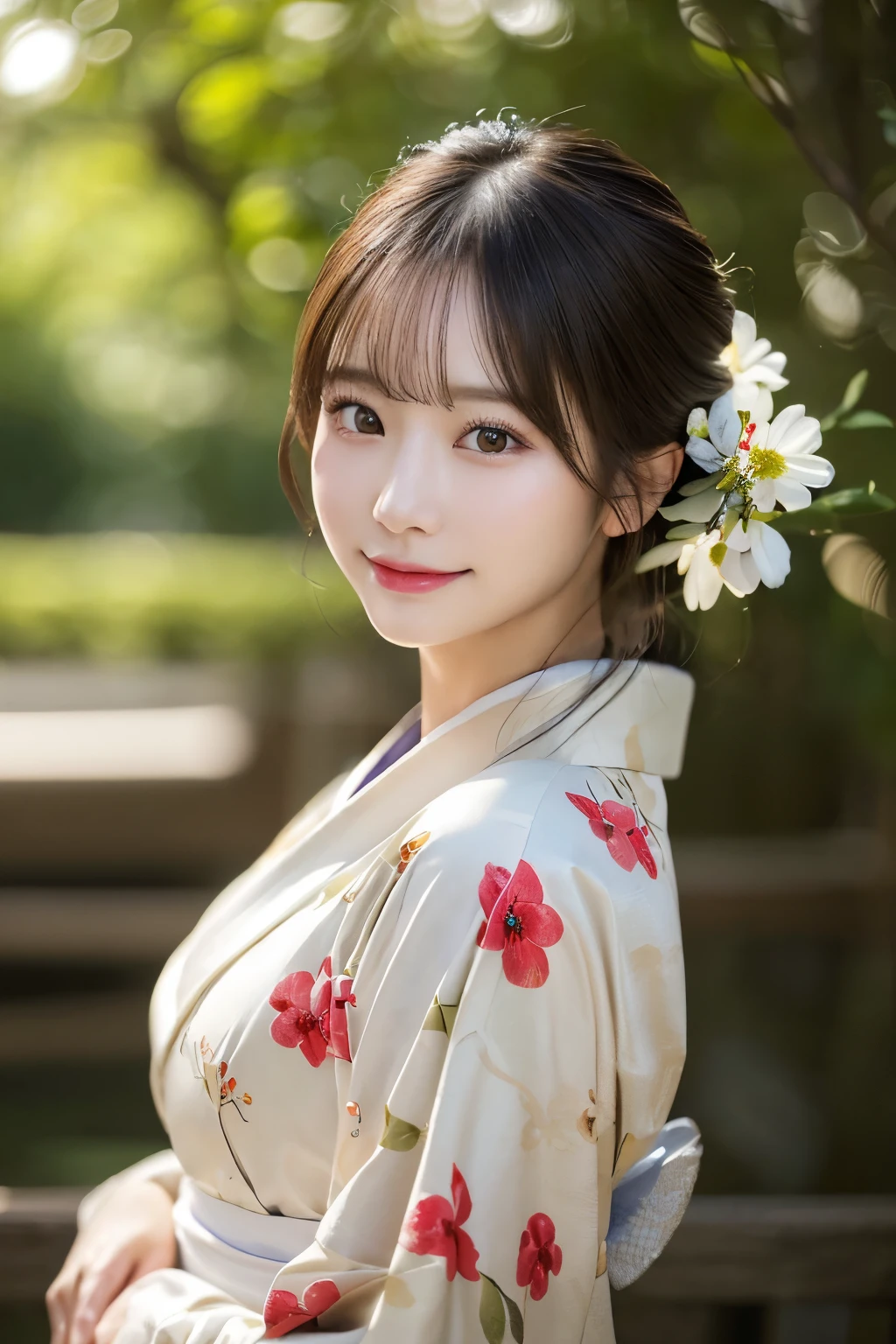 （kimono）、(highest quality、8k、High resolution、masterpiece:1.2)、Very detailed、(Realistic、photoRealistic、photo-Realistic:1.37)、Bokeh、Portraiture、No makeup、smile、(Beautiful and detailed eyes)、Detailed face、Depth of written boundary、Slightly backlit、Use natural light and color、Professional Lighting、Natural Shading