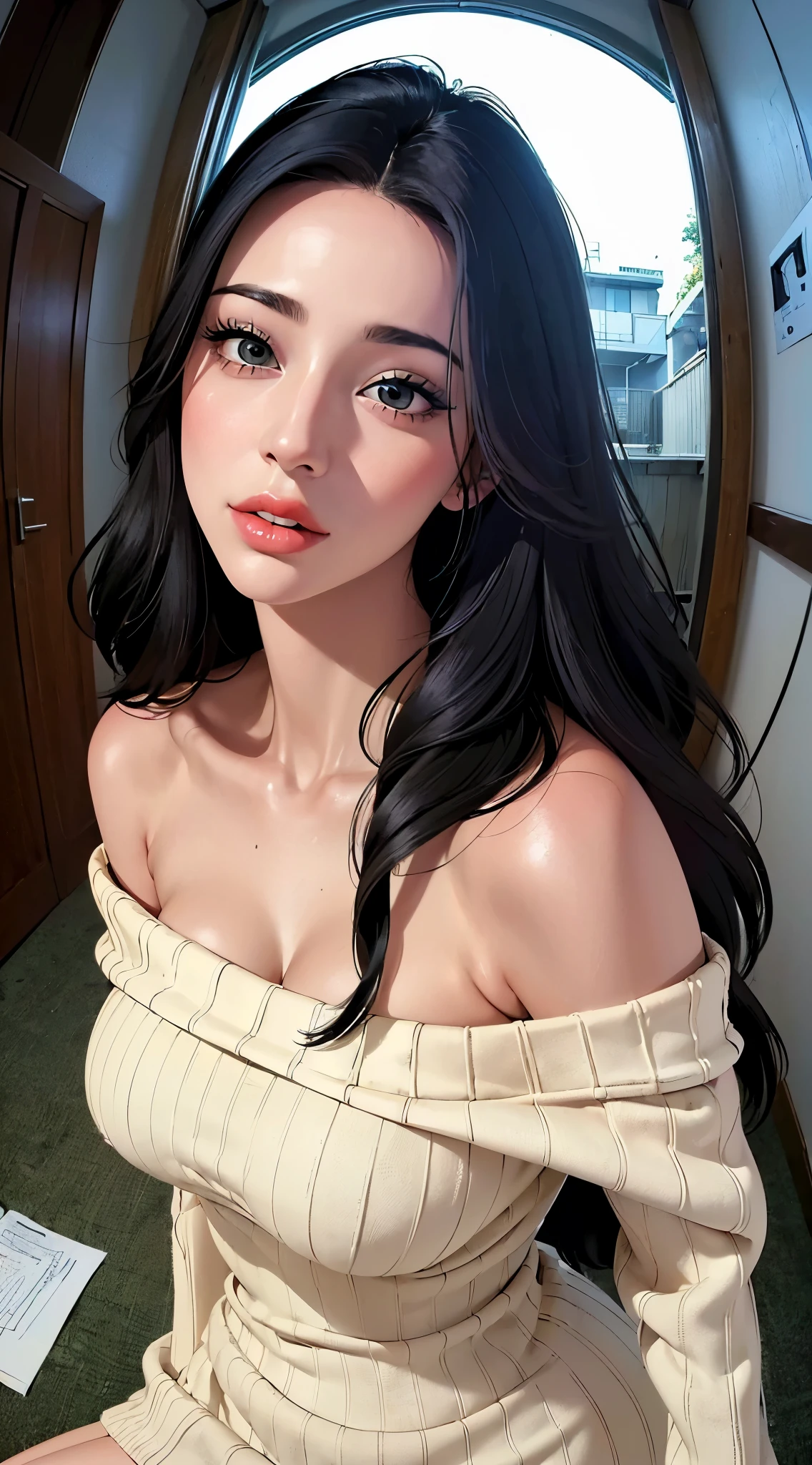 (((Highly detailed CG unit 8k wallpaper:1.2, masterpiece, High resolution:1.2, highest quality:1.2, Tabletop))), ((Very beautiful woman, One off-the-shoulder knit sweater dress:1.3、 body line beautifully:1.6)), ((Highly detailed face, Highly detailed black eyes, Highly detailed body, highest qualityのリアルテクスチャスキン)), (Black-haired:1.2, Long-haired person, White skin, smile), ((As if peering into the screen、An empty alley, Mileland, Hallway of the apartment:1.2)), (Dim lighting:1.5, night:1.5, High Angle:1.2, close, Fisheye Lens:1.4), Surreal, Digital Paint,