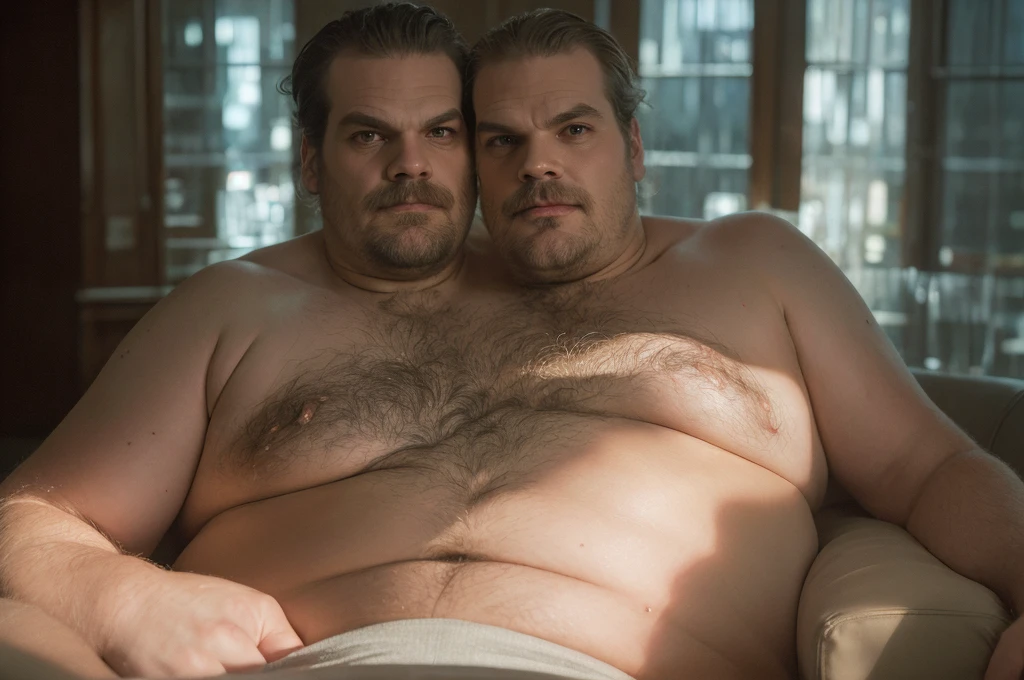 (((two headed man))), solo, ((((david harbour)))), middle aged, short graying hair, ((obese, overweight, fat, chubby, heavy, dadbod)), ((shirtless, boxers)), navel, body hair, dreamy atmosphere, dark cyan and red, i can't believe how beautiful this is, serene atmosphere, epic realistic, soft cinematic light, intricate, highly detailed, (depth of field:1.4), faded, neutral colors, (hdr:1.4), muted colors:1.2, hyperdetailed, cinematic, dramatic light, intricate details, dim room scenery, intricate details, skin texture, detailed expressions, natural pose, sitting in recliner