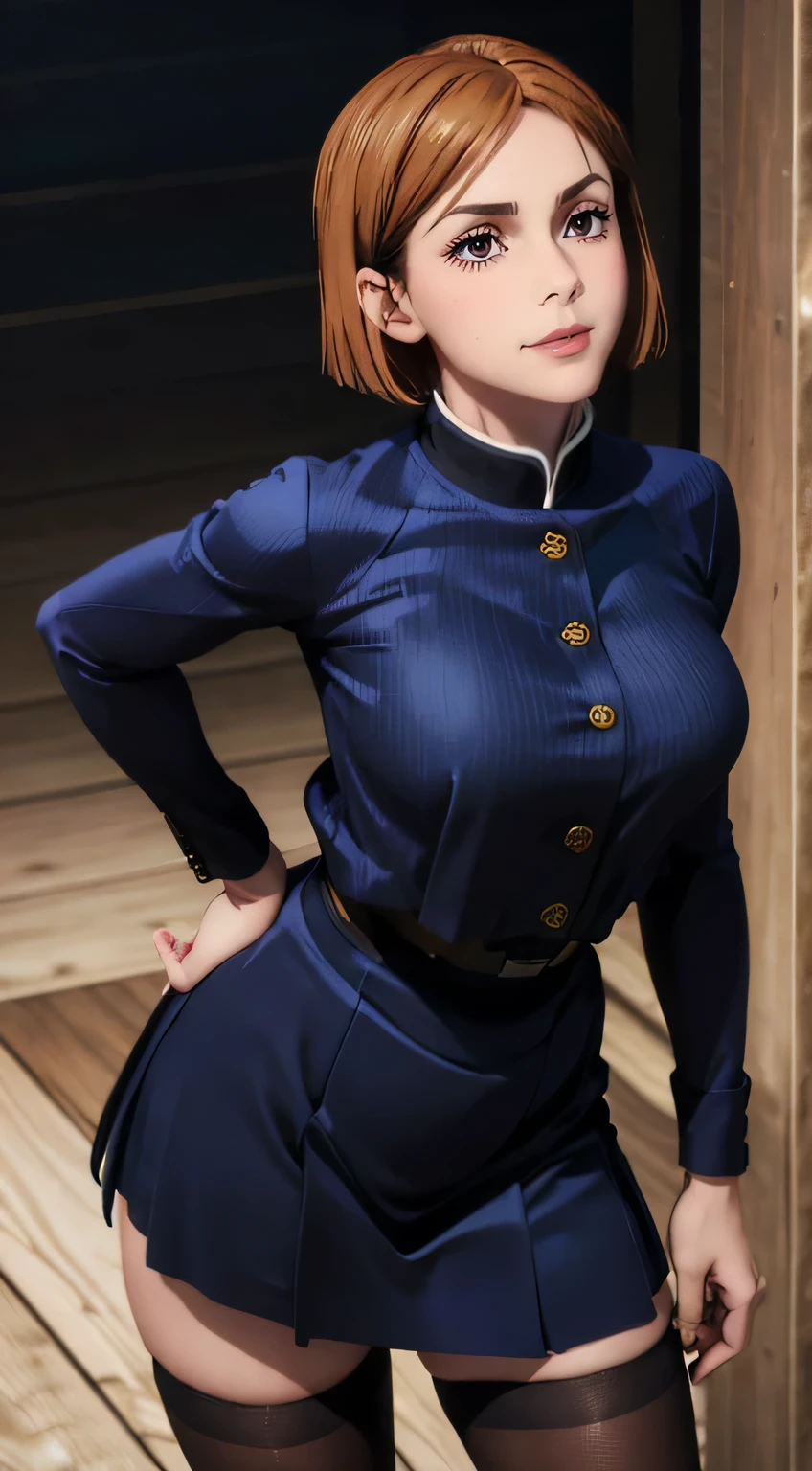 (best quality:1.3), (4k quality),(sharp image), Nobara, ((Detailed face)), ((masterpiece face)),((perfect detailed eyes)) (blush), Nobara, brown hair, short brown hair, brown eyes, pink lips, pink lips, sly face, face with stern features, ((detailed face)), perfect face, highly detailed eyes, masterpiece, absurdres , (intricate details), (colorful),cinematic lighting, extremely detailed CG unity 8k wallpaper , 1girl, solo, mature female, erected tits, fit body, cameltoe, dark blue uniform with skirt and stockings, (tricky glance, wicked smile), classroom, ((perfect small erected breast)), standing
