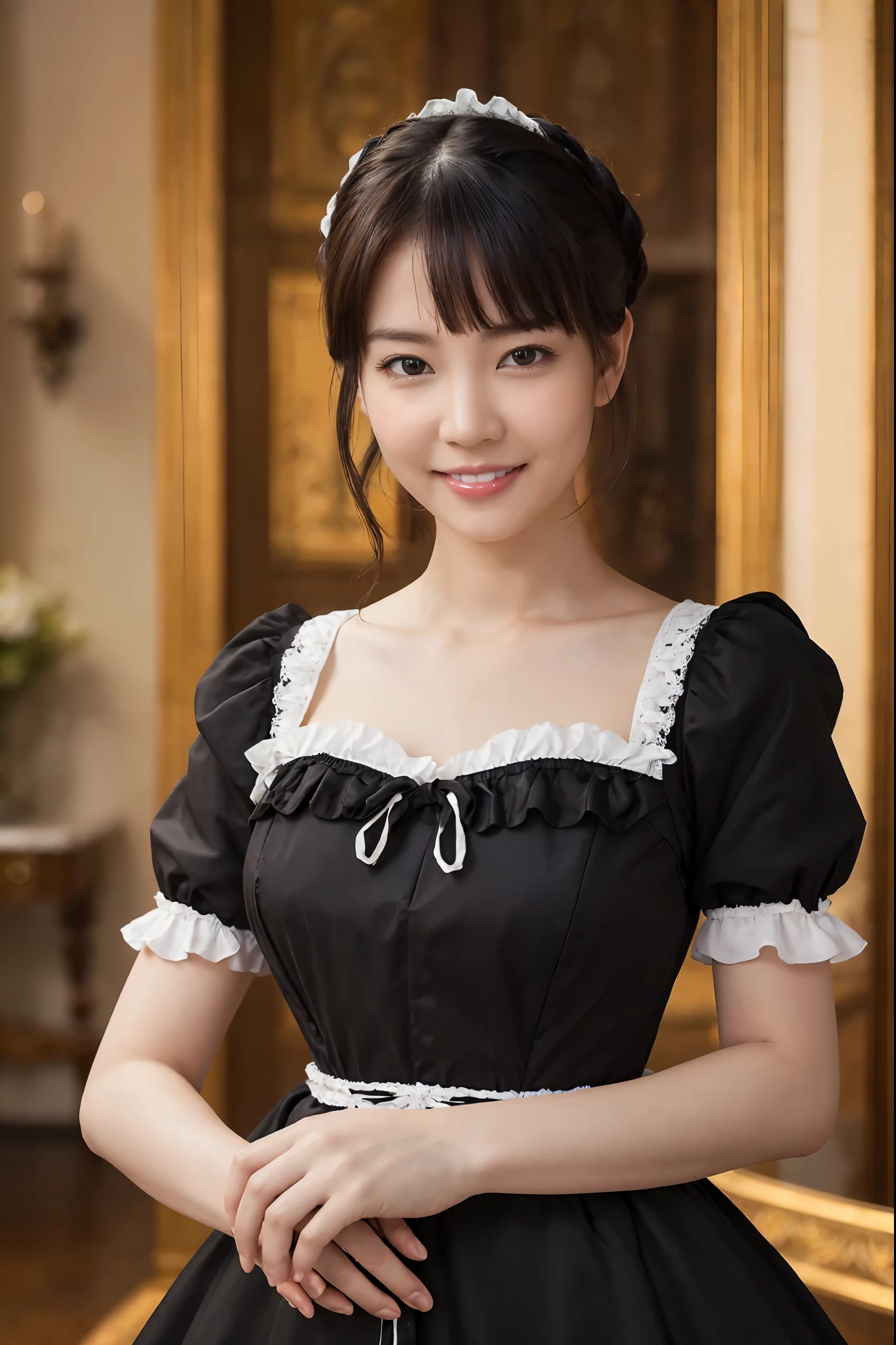 (highest quality、Tabletop、8k、Best image quality、Award-winning works)、One beautiful woman、Glowing Beautiful Skin、(The finest and most gorgeous Victorian maid dresses:1.3)、Maid uniform with apron、Maid clothes with frills、Huge black and white maid dress、Gorgeous long skirt maid outfit、Shining Ultra HD Skin、(Accurate anatomy:1.1)、A gentle Look at me and smile、(Photo from the waist up:1.1)、Cleavage、(Standing Elegantly:1.1)、(Blurred background of the most gorgeous mansion:1.2)、Portrait Photography、(Very atmospheric, romantic and warm lighting:1.1)、光を受けてGlowing Beautiful Skin、(The most detailed and perfect face:1.1)、(The most detailed glowing eyes:1.1)、(Beautiful and moisturized skin:1.1)、Look at me and smile