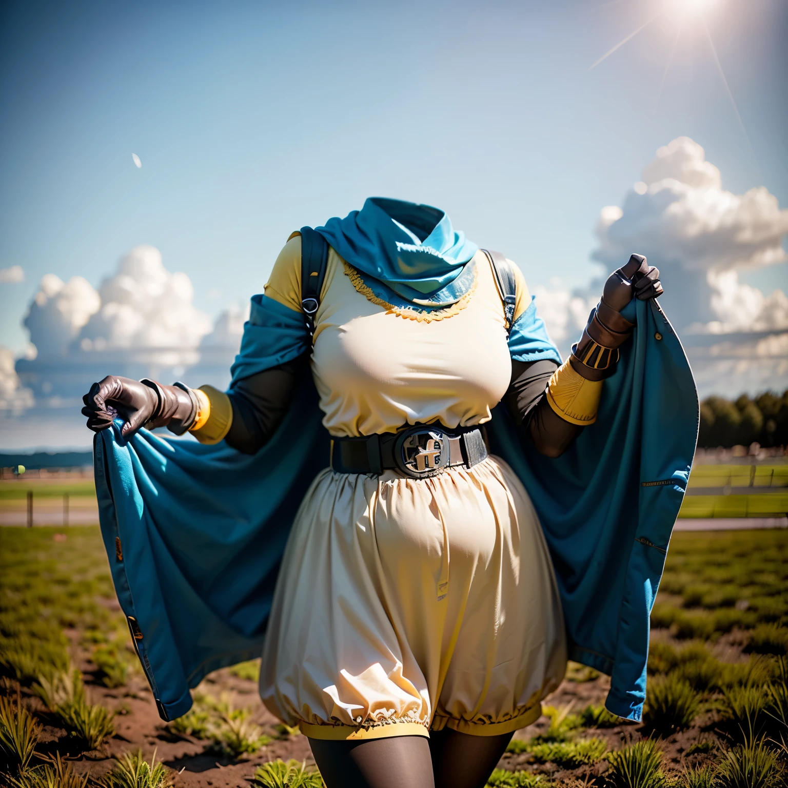 grass field, Alena, cape, yellow dress, short sleeves, belt, gloves,  skirt, black pantyhose, fat, cute big breasts, (invisible, no human, headless, handless:1.5), (8k, RAW photo, best quality, masterpiece:1.2), (realistic, photo-realistic:1.37), photon mapping, radiosity, ((Hasselblad photography)), physically-based rendering