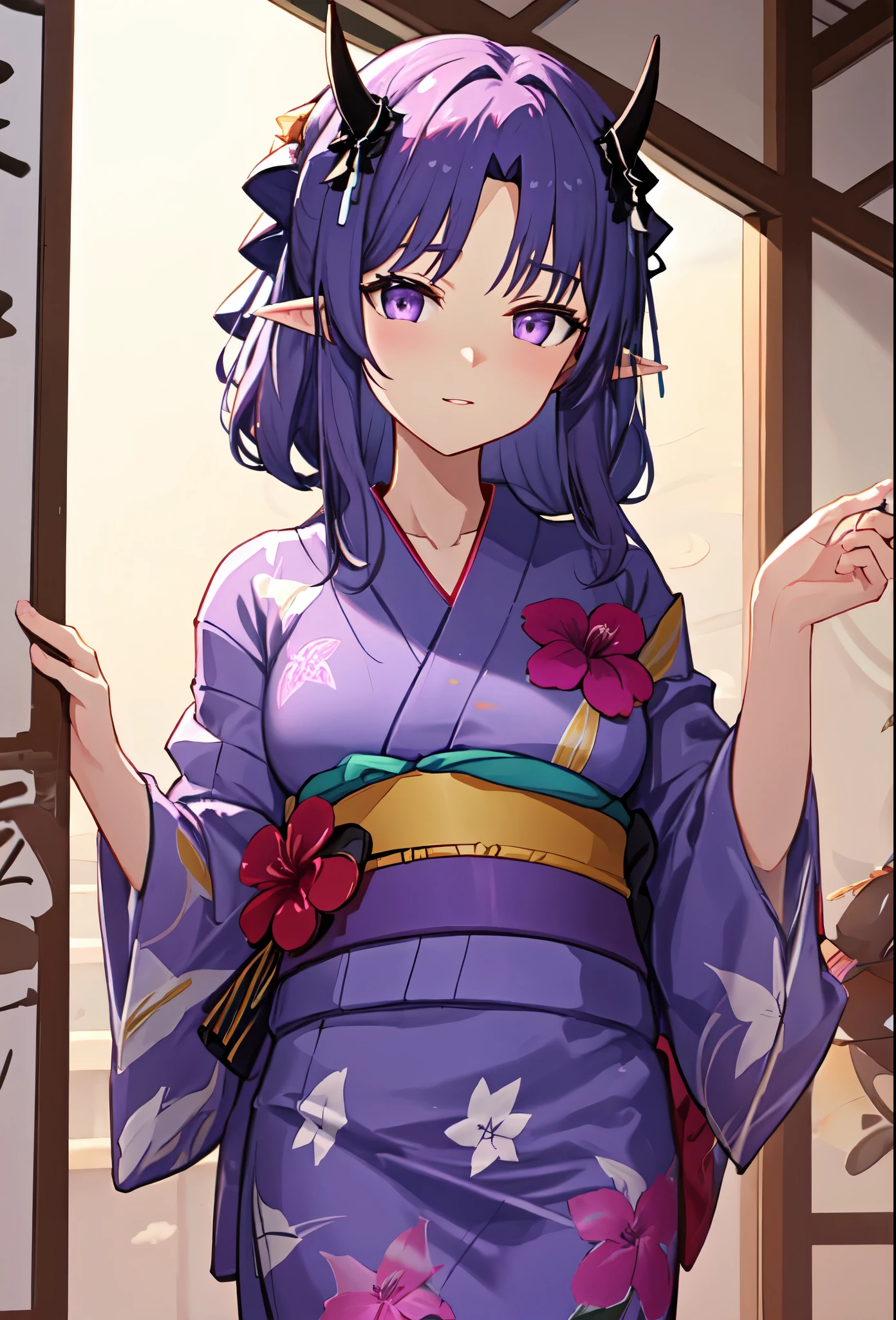 best quality, masterpiece, highres, solo, (hibiscus_arknights:1.10), (yukata:1.30), (kimono:1.15), 19 