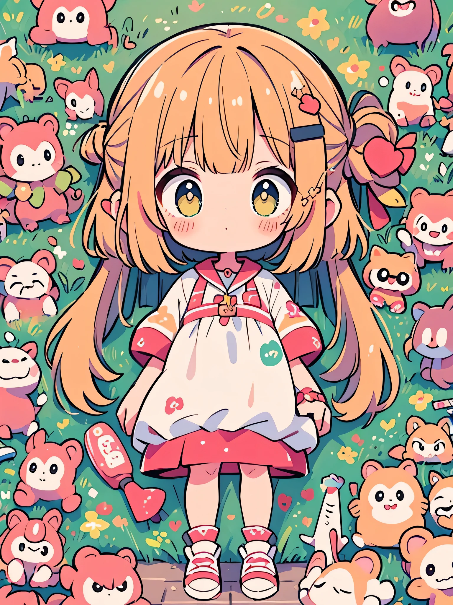 Momoko Sakura Style, Kawaii Design, most beautiful girl ever、Chibi, Colorful bob hair、((Lots of monkeys))、amusement park