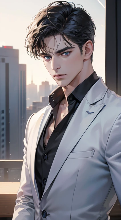 (best quality, masterpiece, 8K, photorealistic, cinematic lighting, 1:4 hdr image, ultra detailed, beautiful image), a mature man, very handsome, ((cold expression)), short black hair, blue eyes, face perfect without mistakes, ((buttoning his jacket, CEO))