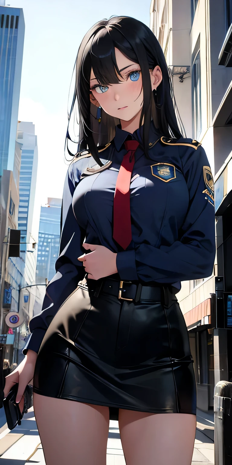 An absurd solution, High resolution, (masterpiece:1.4), Super detailed, One girl,Blue colored eyes, Long black hair,Wear a police uniform and a short skirt, City streets,Sexy posture, The camera is close to the body