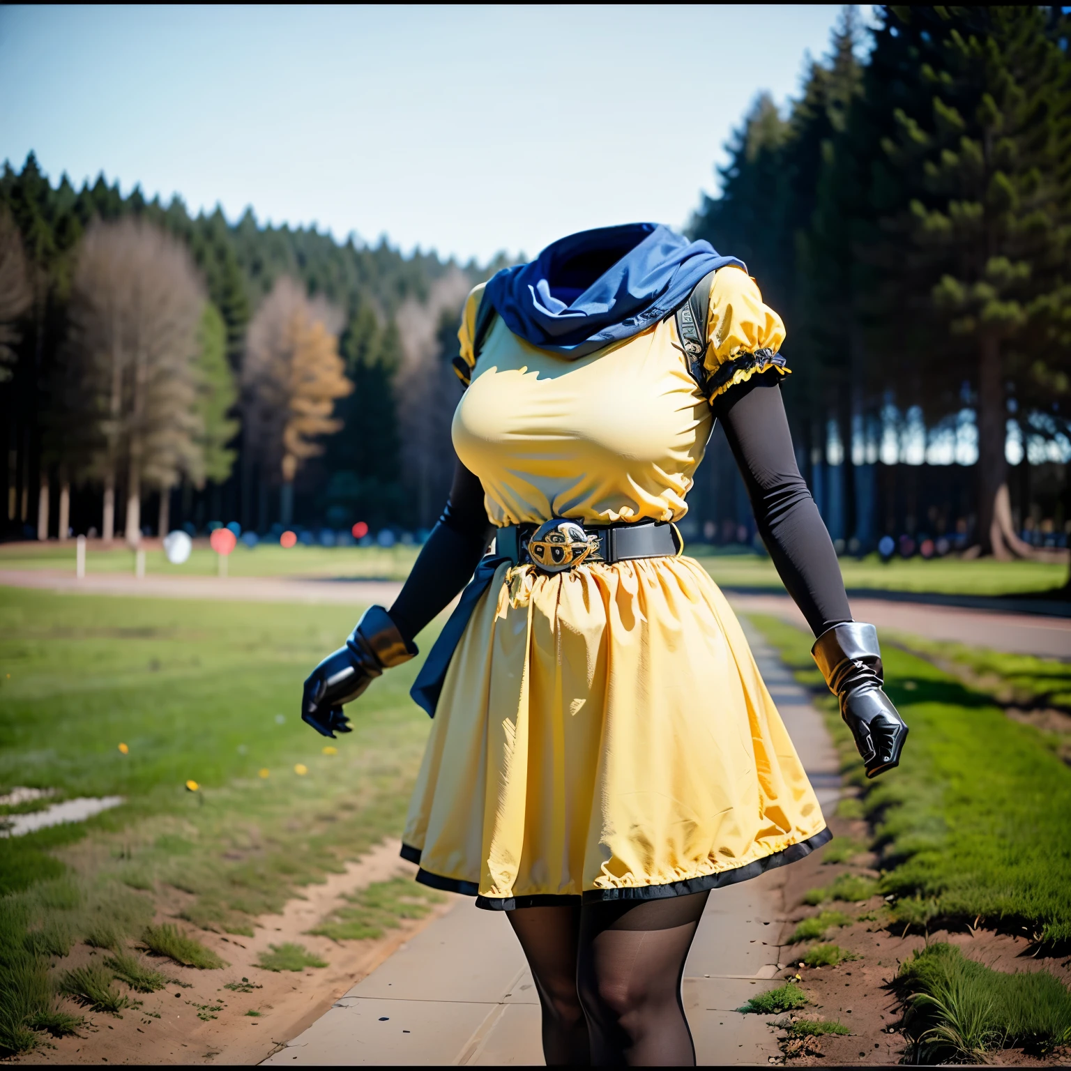 grass field, Alena, cape, yellow dress, short sleeves, belt, gloves, skirt, black pantyhose, fat, cute big breasts, (invisible, no human, headless, handless:1.5), (8k, RAW photo, best quality, masterpiece:1.2), (realistic, photo-realistic:1.37), photon mapping, radiosity, ((Hasselblad photography)), physically-based rendering
