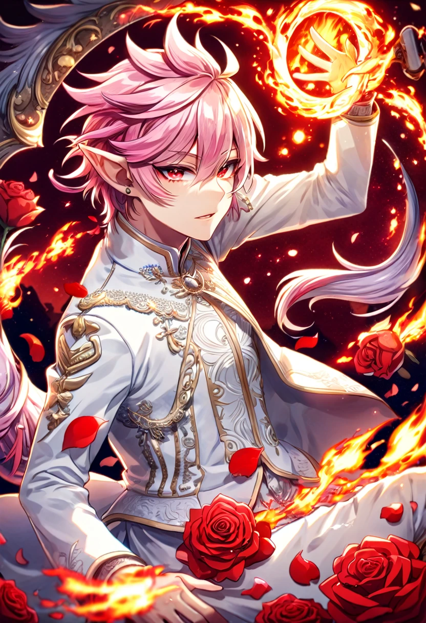 absurdres, highres, ultra detailed, HDR, master piece, best quality, Asmodeus Alice, pink hair, expressive red eyes, Mairimashita! Iruma-kun, sexy man, handsome, demon, slightly pointy ears, white clothes, magical, fantasy, red background, red roses, shining, red petals, red glittering fireflies, fire