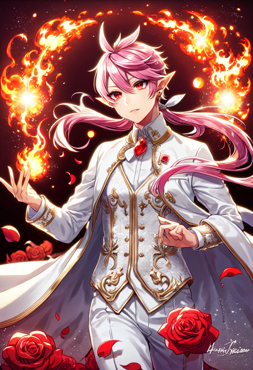 absurdres, highres, ultra detailed, HDR, master piece, best quality, Asmodeus Alice, pink hair, expressive red eyes, Mairimashita! Iruma-kun, sexy man, handsome, demon, slightly pointy ears, white clothes, magical, fantasy, red background, red roses, shining, red petals, red glittering fireflies, fire