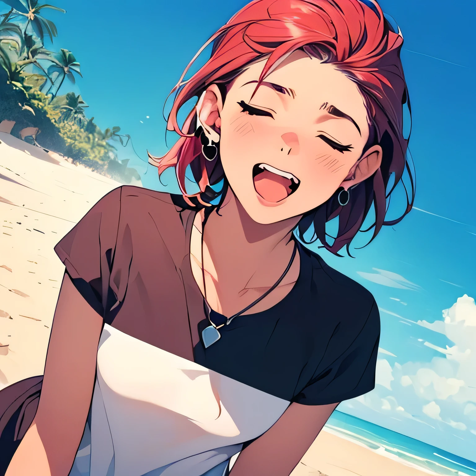 ((high quality colour line art)), (highly detailed), ((boy fucking cute 15yo girl doggy style)), (((small breasts))), open mouth, looking at viewer, (((half-closed eyes))), necklace, sunny beach, tanned skin, (((white tee-shirt))), (((anatomically correct))), (short red hair)