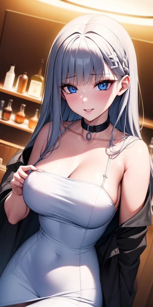 ((obra maestra)), ((mejor calidad)), (ultra detallado), ((extremadamente detallado)), 4k, (8K), mejor calidad, (Hermoso), estilo animado, mirar hacia arriba desde abajo, bar, noche, a pretty girl, 1 chica, solo, traje, Hermoso rainbow hair, Hermoso blue eyes, ((Hermoso eyes)), De piel blanca, pendientes, collar, sonrisa