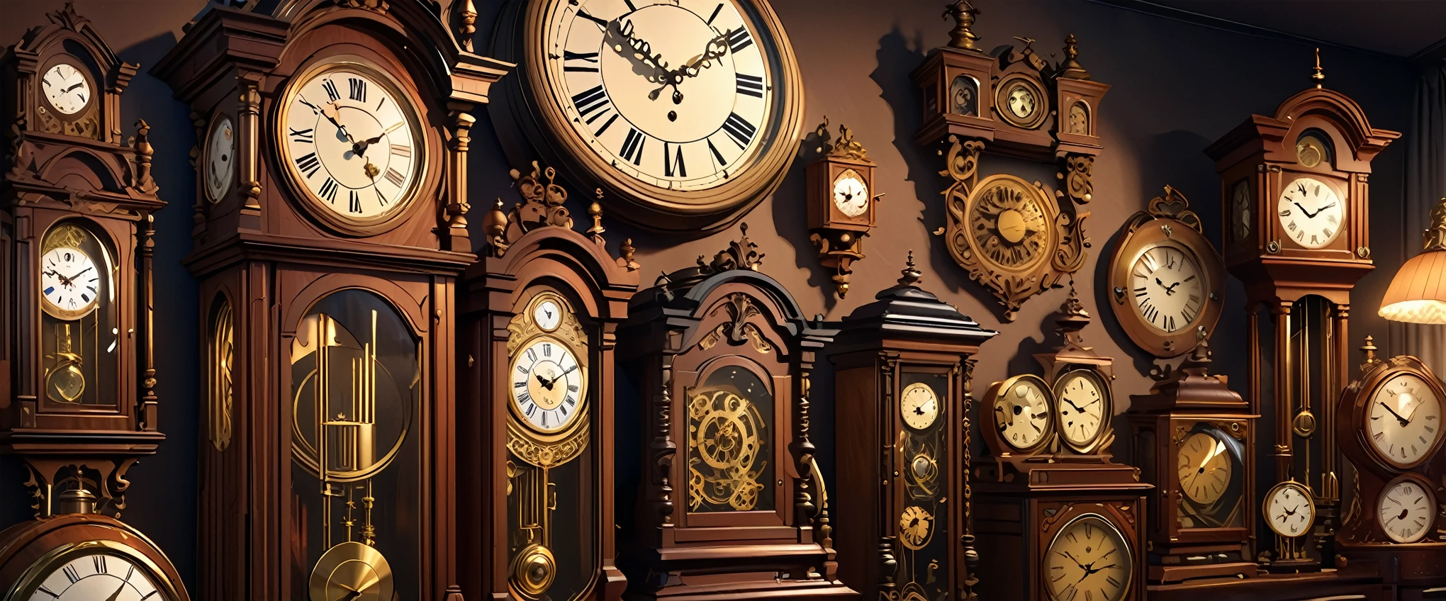 antique grandfather clocks,antique wall clocks,ornate vintage clocks,highly detailed antique clocks,intricate clockwork mechanisms,brass and wood clocks,old-fashioned clock faces,aged and weathered clocks,clocks of various shapes and sizes,scattered arrangement of clocks,dramatic lighting on clocks,warm color tones,ambient studio lighting,(best quality,4k,8k,highres,masterpiece:1.2),ultra-detailed,(realistic,photorealistic,photo-realistic:1.37)