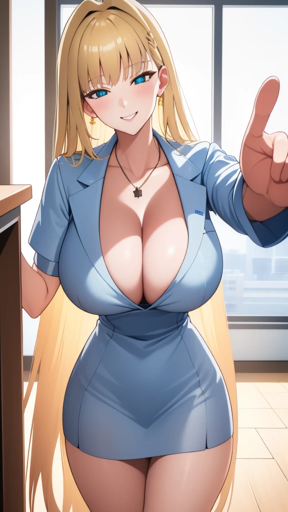 (best quality:1.5, highres, UHD, 4K, detailed lighting, shaders, perfect hand anatomy), blonde straight hair, busty, nurse outfit, cleavage, thighs, smiling, pov, close shot, standing, hospital background