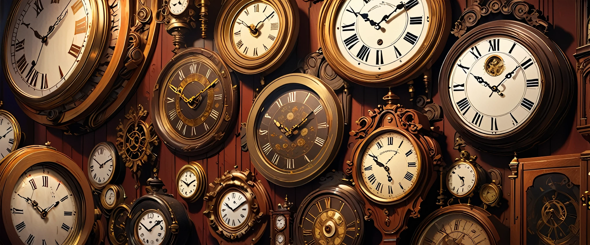 antique grandfather clocks,antique wall clocks,ornate vintage clocks,highly detailed antique clocks,intricate clockwork mechanisms,brass and wood clocks,old-fashioned clock faces,aged and weathered clocks,clocks of various shapes and sizes,scattered arrangement of clocks,dramatic lighting on clocks,warm color tones,ambient studio lighting,(best quality,4k,8k,highres,masterpiece:1.2),ultra-detailed,(realistic,photorealistic,photo-realistic:1.37)