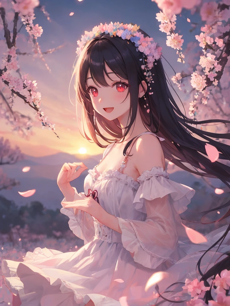 art by Cornflower,(masterpiece:1.2),(4k),high quality,(1 girl),black long hair,beautiful detailed red eyes,smile,open mouth,In the fantastic beauty of the pink sunset, Countless vibrant sakura bloom, Bokeh, A gentle light spreads over the tranquil surroundings, Delicate petals blend into intricate patterns,The background is soft and blurry,Add a dramatic and symbolic element to your scene, The petals are soft, Magical colors and atmosphere