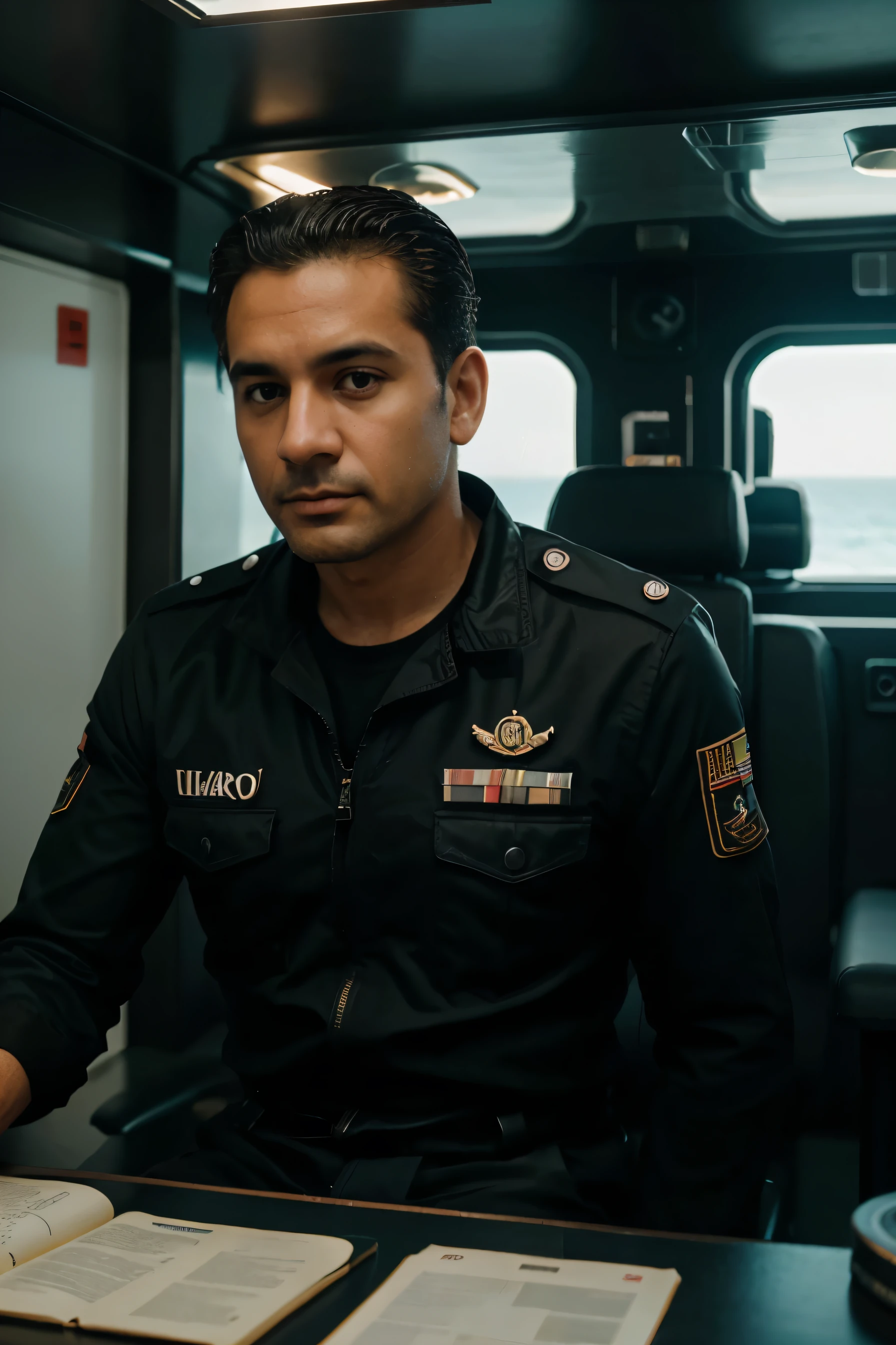 No interior de um navio de guerra moderno, um oficial masculino da marinha dos EUA, com cabelo preto curto, com 38 anos de idade, vestindo uniforme naval, counting maps and strategic documents, sentado em uma mesa cheia de detalhes, between modern navigation equipment, em um dia ensolarado no oceano. humor fotojornalismo, ultra detalhado, fotografia de filme, tom frio, sharp focus, pele ultra detalhada, Professional Color Grading, foto crua, cinematografia, detalhes vibrantes, qualidade ultra, (foto-realista: 1.37), obra-prima, Canon EOS 5D Mark IV e fujifilm Superia X - TRA 400 filme