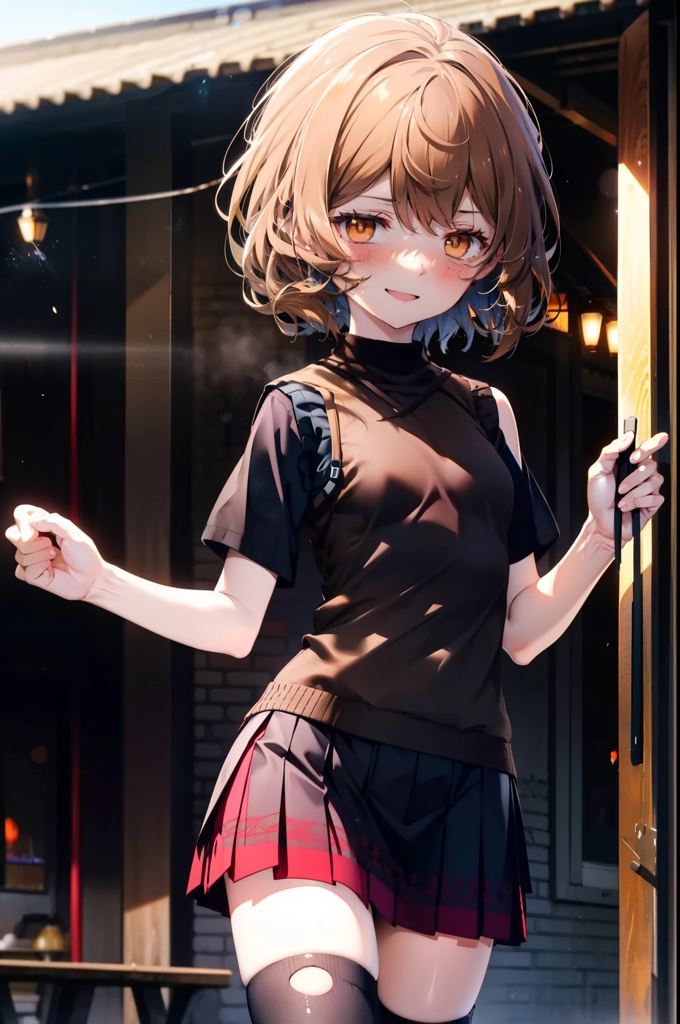 Lililukarde, Liliruka gets burned, (Brown eyes:1.7), Brown Hair, (Flat Chest:1.2), short hair,break happy smile, smile, Open your mouth,skirt, shirt, Short sleeve, white shirt, Pleated skirt, Black knee socks,Brown loafers, 黒のPleated skirt, Sweater vest, (black Sweater vest:1.5),morning,morning陽,The sun is rising,whole bodyがイラストに入るように,walking,
break looking at viewer,whole body,
break outdoors, In town,Building district,
break (masterpiece:1.2), highest quality, High resolution, unity 8k wallpaper, (figure:0.8), (Beautiful fine details:1.6), Highly detailed face, Perfect lighting, Highly detailed CG, (Perfect hands, Perfect Anatomy),