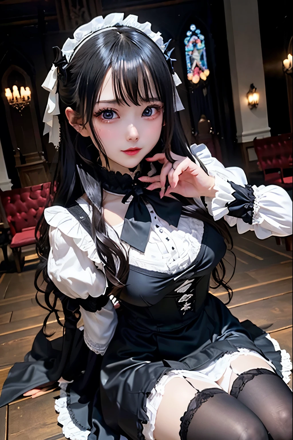 ハードDark Gothicメイク、Deep Night Sky、Horror、Black dark eyeshadow、cry、sad、Good skin radiance、Dark Gothicメイク、Dark smile、palace、24-years-old、Embarrassed look、Dark Gothic、Obscene language、highest quality、Drunk face、紫のMaid clothes、Mysterious、Noble、sexy、Loving smile、Right blue eye, Left eye is red、Platform Heel Shoes、Heavy makeup、Gothic Lolita Clothing、A little slimmer、Silver Hair、Long Hair Straight Hair、Cute Gothic Lolita Dress、Beautiful Face、elegant features、Fascinating face、Stained glassが背景、Chest glistening with sweat、The room is dark、gothic long dress、Bell Sleeves、Wizard Sleeve、Decadent look、Sexually excited expression、Glossy thighs wet with water、Thighs that are wet and shiny with oil、Background of a room full of roses、The embroidery is pink、The dress has pink embroidery、Thigh-high socks、Knee-high socks、Gentle expression、Dark black eyeshadow、Stained glassと薔薇背景、Female Duo、Female couple、dark church background、Stained glass、Black metal world、Dark Castle、Slender body、gothic long dress、Maid clothes、Victorian dresses、Her thighs glisten with sweat、My body is wet and shiny、Lots of glitter on the thighs、sweating、My thighs are sticky from sweating、Sweat glistens on the thighs, The whole body is sweaty and shiny、Quite sweaty、My thighs are sweaty、My thighs are so wet、My thighs are shining with sweat、A lot of sweat glistens all over the body、Small breasts、Orchestra Stage、Dynamic Angle、Sitting in a chair、Gothic chair、Play the violin gracefully、With a violin、Press the violin strings、rubbing the violin strings、violinist、Thin thighs、