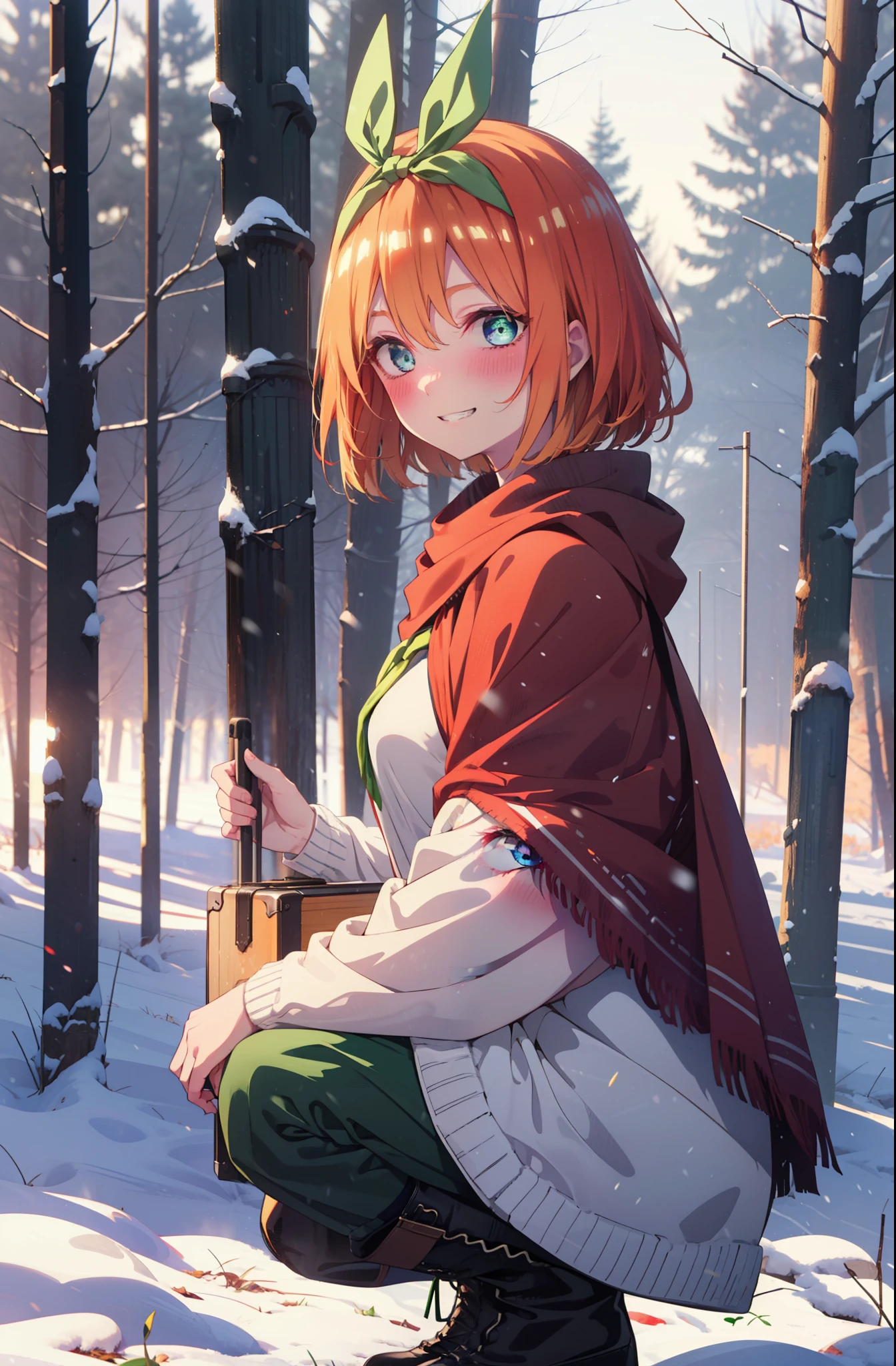 yotsubanakano, yotsuba nakano, bangs, short hair, blue eyes, Hair between the eyes, Hair Ribbon, hair band, Orange Hair, (Green ribbon:1.5), smile, Grin,smile,blush,White Breath,
Open your mouth,snow,Ground bonfire, Outdoor, boots, snowing, From the side, wood, suitcase, Cape, Blurred, Increase your meals, forest, White handbag, nature,  Squat, Mouth closed, フードed Cape, winter, Written boundary depth, Black shoes, red Cape break looking at viewer, Upper Body, whole body, break Outdoor, forest, nature, break (masterpiece:1.2), highest quality, High resolution, unity 8k wallpaper, (shape:0.8), (Beautiful and beautiful eyes:1.6), Highly detailed face, Perfect lighting, Extremely detailed CG, (Perfect hands, Perfect Anatomy),