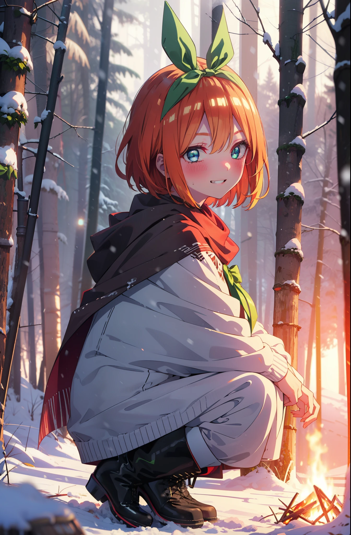 yotsubanakano, yotsuba nakano, bangs, short hair, blue eyes, Hair between the eyes, Hair Ribbon, hair band, Orange Hair, (Green ribbon:1.5), smile, Grin,smile,blush,White Breath,
Open your mouth,snow,Ground bonfire, Outdoor, boots, snowing, From the side, wood, suitcase, Cape, Blurred, Increase your meals, forest, White handbag, nature,  Squat, Mouth closed, フードed Cape, winter, Written boundary depth, Black shoes, red Cape break looking at viewer, Upper Body, whole body, break Outdoor, forest, nature, break (masterpiece:1.2), highest quality, High resolution, unity 8k wallpaper, (shape:0.8), (Beautiful and beautiful eyes:1.6), Highly detailed face, Perfect lighting, Extremely detailed CG, (Perfect hands, Perfect Anatomy),