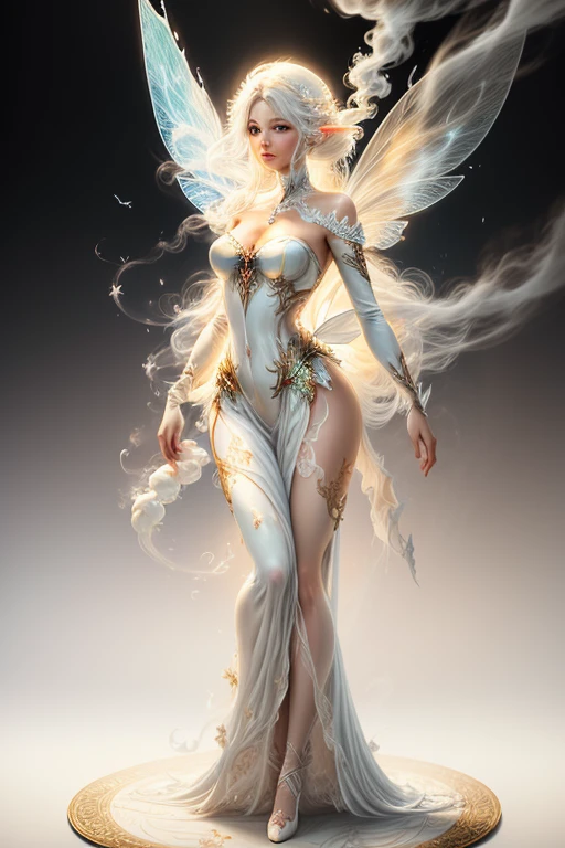 full Body photorealistic, This (realistic fantasy) art contains smoke, real air, real wind, and realistic tornado. Generate a masterpiece artwork of a  female wind Fairy with large (((white and cream))) eyes. The wind fairy is awe-inspiring with beautiful alight with confidence and power. Her features are elegant and well defined, standing on a magic circle.