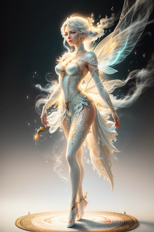 full Body photorealistic, This (realistic fantasy) art contains smoke, real air, real wind, and realistic tornado. Generate a masterpiece artwork of a female wind Fairy with large (((white and cream))) eyes. The wind fairy is awe-inspiring with beautiful alight with confidence and power. Her features are elegant and well defined, standing on a magic circle.