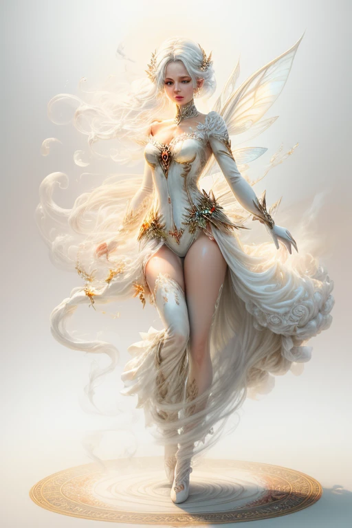 full Body photorealistic, This (realistic fantasy) art contains smoke, real air, real wind, and realistic tornado. Generate a masterpiece artwork of a female wind Fairy with large (((white and cream))) eyes. The wind fairy is awe-inspiring with beautiful alight with confidence and power. Her features are elegant and well defined, standing on a magic circle.